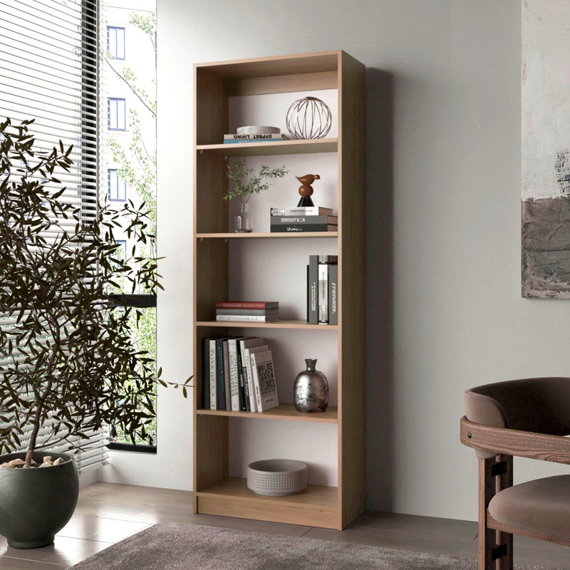 Bibliothèque en chêne naturel et blanc à 5 tablettes avec rangement ouvert, (5 tablettes) H 71 po x l 24,7 po x P 11,8 po