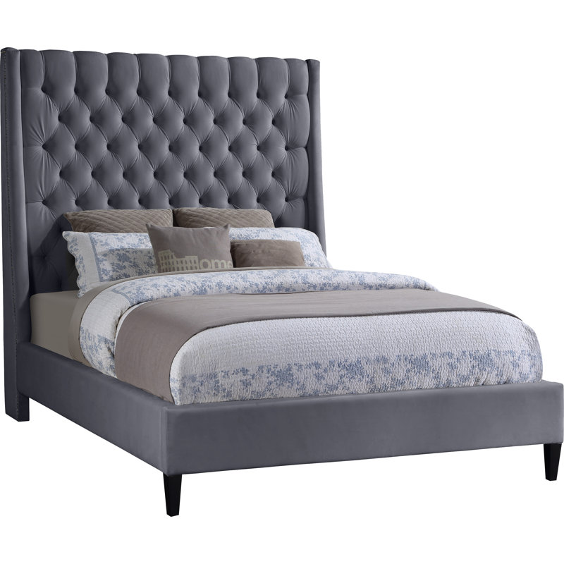 Dymph Upholstered Wingback Bed, Full, Grey Velvet