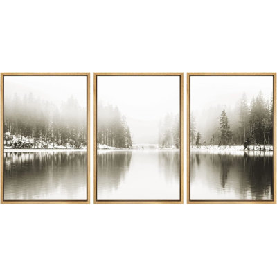 Winter " IDEA4WALL Framed Canvas Print Wall Art Set Winter Misty Snow Forest Lake Reflection Nature Wilderness Photography Modern Art Rustic Landscape For Living Room, Bedroom, Office " 3 - Pieces
