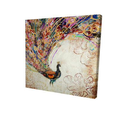 Paon avec toile de plumes dorées - décor contemporain orange