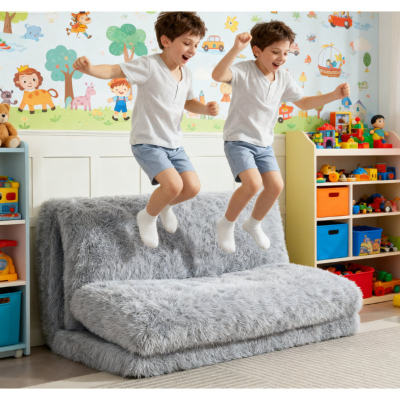 Bean Bag Floor Sofa Bed, Contemporary Plush Wide Folding Floor Mattress, Foam Filling Wall Couch Sleeper, Light Gray