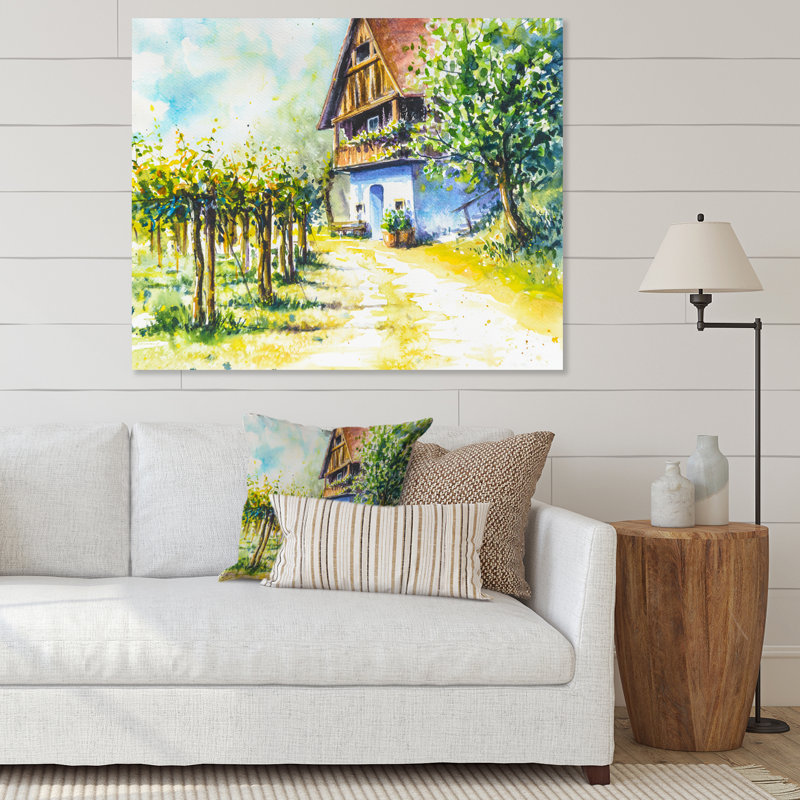 Maison près du vignoble - Peinture sur toile, H 12 po x l 20 po, Toile tendue