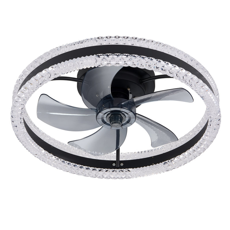  20" Crystal Ceiling Fan With LED Light And Remote, Double Ring Modern Flush Mount Hidden Blades Ceiling Fan, Black