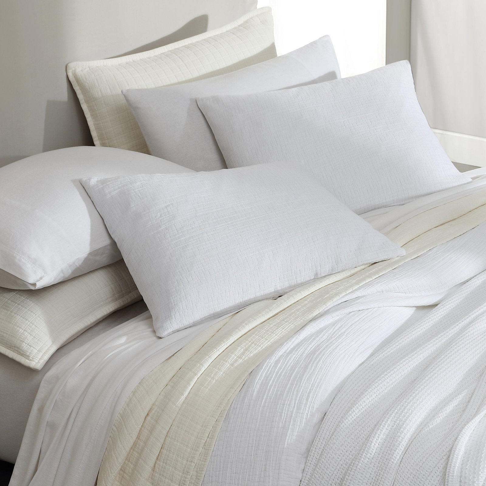 Washed Texture Cotton Duvet Cover Set, White, Queen Duvet Cover + 2 Standard Shams