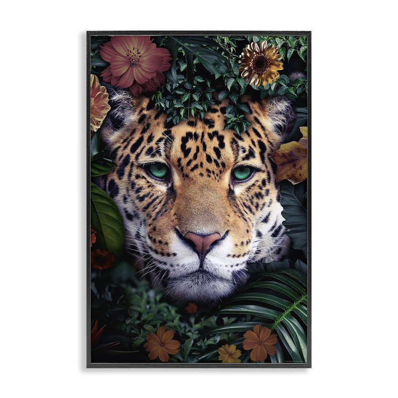 Guépard avec fleurs tropicales, art giclée par Reinders, H 18 po x l 12 po, Giclée encadrée noir minuit
