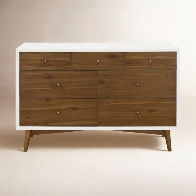 Commode double 7 tiroirs Babyletto, Blanc chaud / noyer naturel