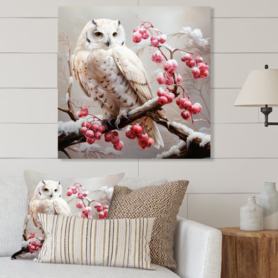 Snowy Owl Winter Blooms Perch II - hibou, art mural en métal
