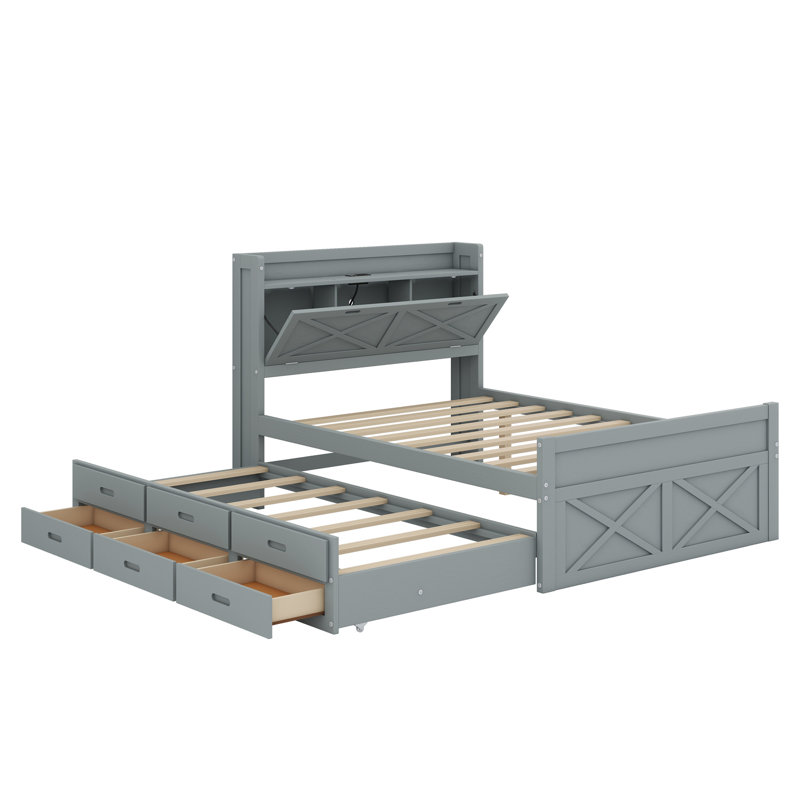 Wooden Bed With Storage Headboard With Outlets, Trundle Bed With Three Storage Drawers, Gray
