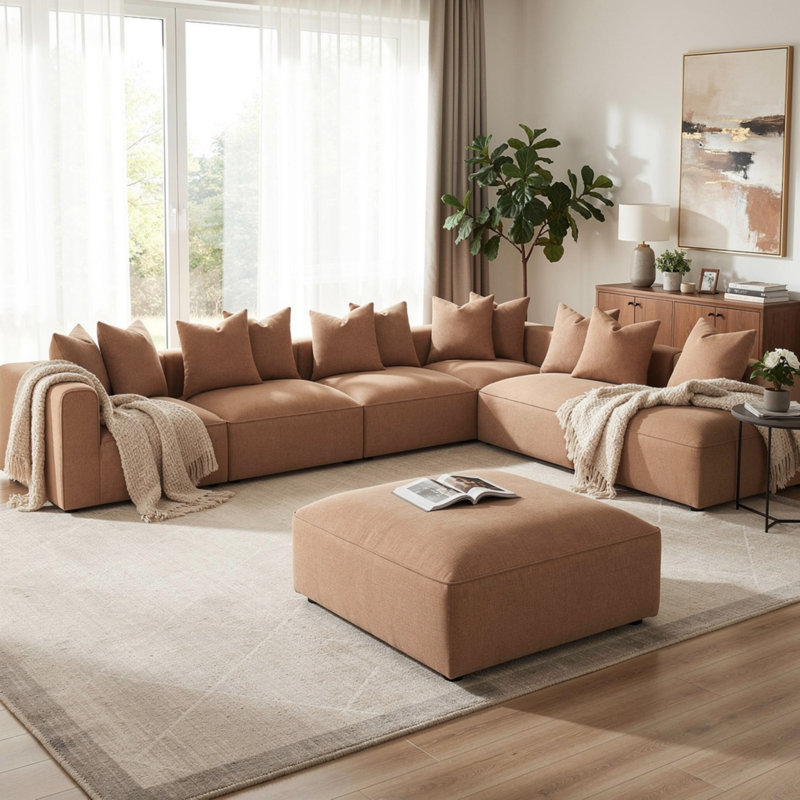 Canapé modulaire avec repose-pieds Hani, brun riche, 10 coussins Hani