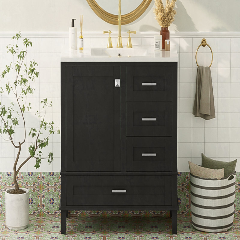 Meuble-lavabo moderne 36 po avec cadre en pin massif, 1 porte à fermeture douce et 3 tiroirs, armoire de rangement moderne