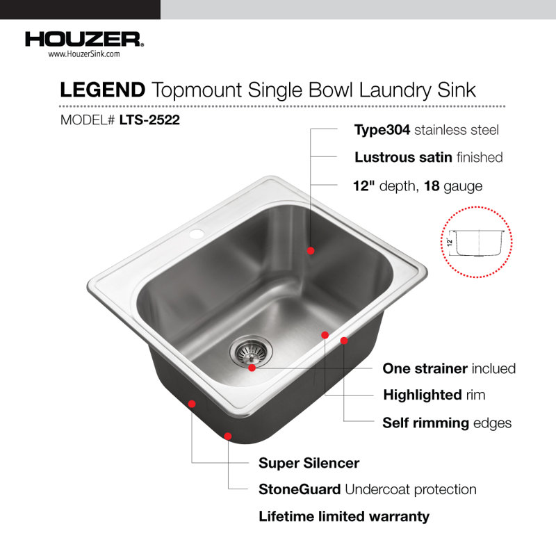 Houzer Laundry 25 inch Stainless Topmount 1-hole Single Bowl Sink with 12 inch Depth - LTS-2522-1