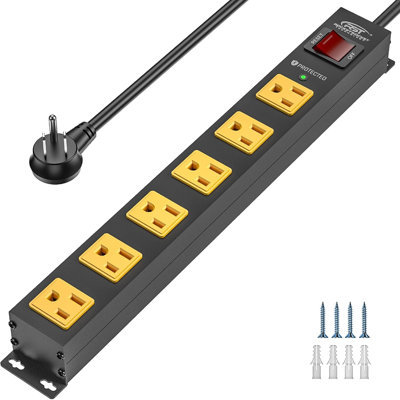 CRST 6 Outlet Surge Protector 2100J with Switch Wide Spaced Wall Mount Power Bar, 6 FT Cord Metal Heavy Duty Power Strip