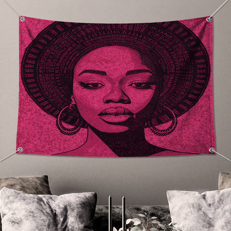 Tapisserie murale rose avec chapeau - Portrait, H 104 po x 88 avec 4 œillets