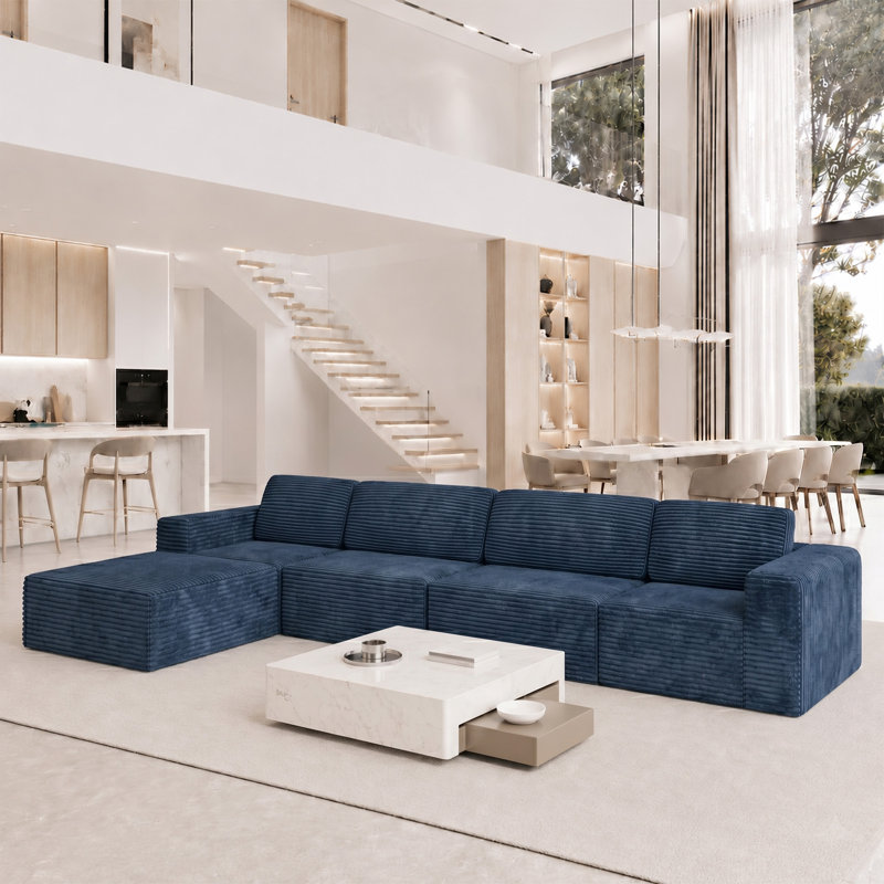 Modular Oversize 404cm Corduroy Boneless Sofa With Ottomans Reversible, No Assembly Required, Blue