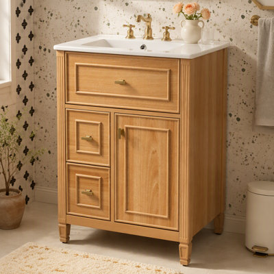 Meuble-lavabo 24 po avec lavabo, meuble-lavabo avec un tiroir rabattable et deux tiroirs, tablette réglable, bois massif et panneau de fibres à densité moyenne, bois