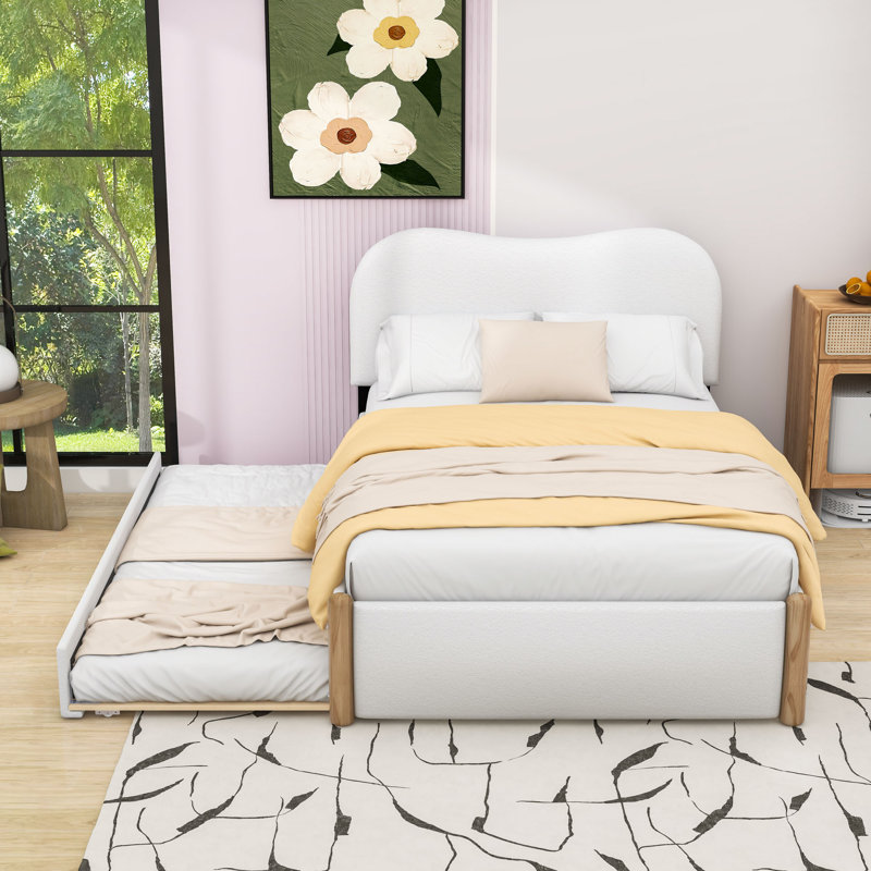 Upholstered Platform Bed with Twin Trundle and Headboard, Full