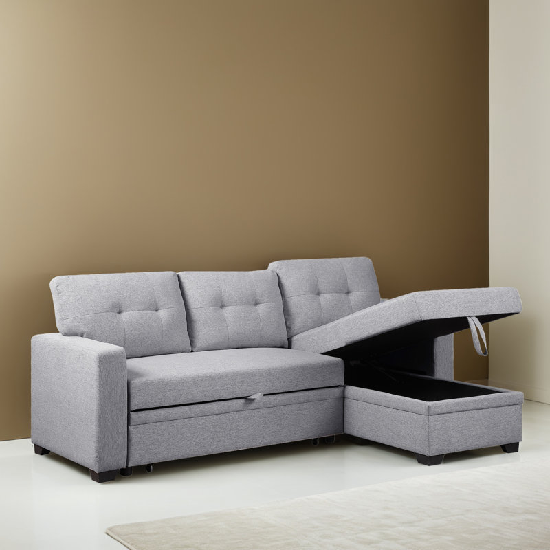 82.03" Pull Out Reversible Sleeper Sectional Sofa Bed with Storage Chaise, Light Gray Linen