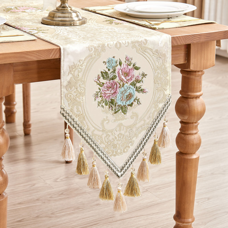 Embourg Rectangle Flowers High Pick Density Fabric Table Runner, 108" L x 13" W