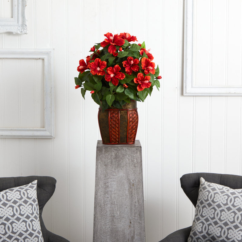 Red Silk Hibiscus with Vase 30" Tabletop Decor