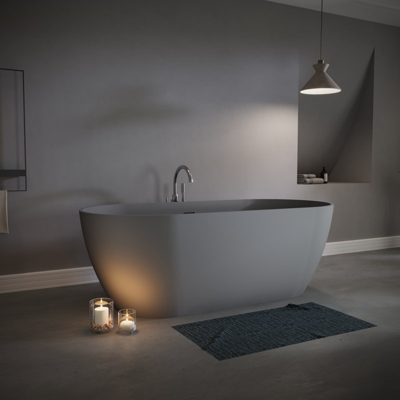 63" Freestanding Solid Surface Bathtub Matte Grey Oval Deep Soaking Tub with Overflow and Pop-up Drain, Matte Grey, 63"