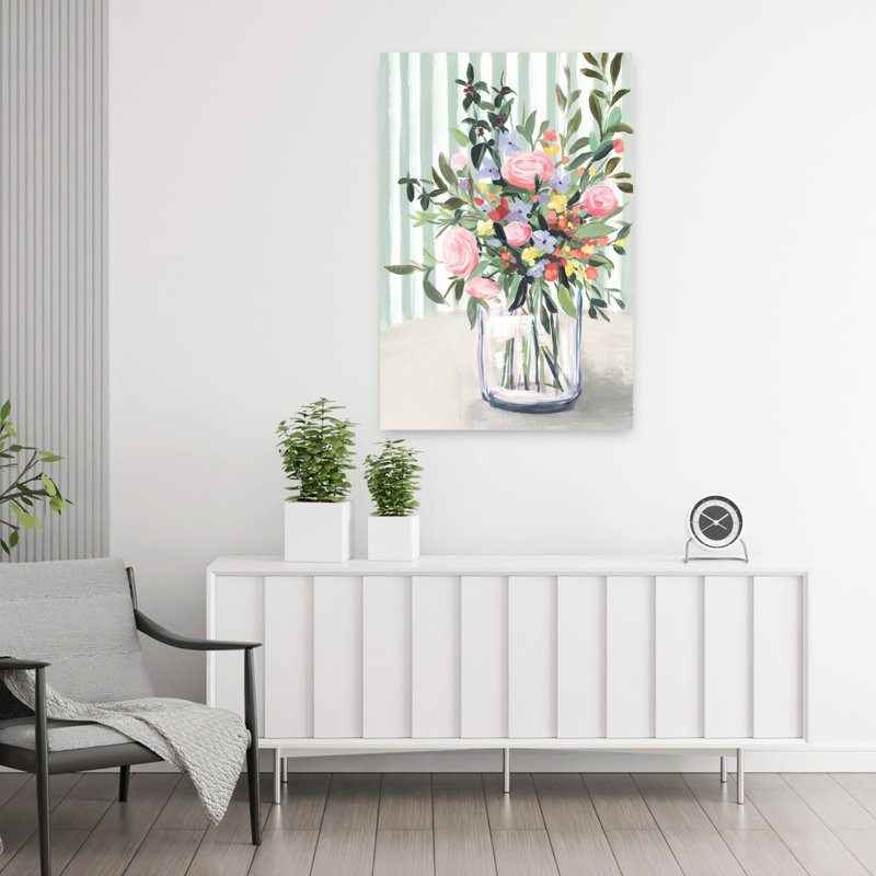 «Vibrant Blossoms In Clear Vase», art mural contemporain abstrait, H 36 po x l 24 po