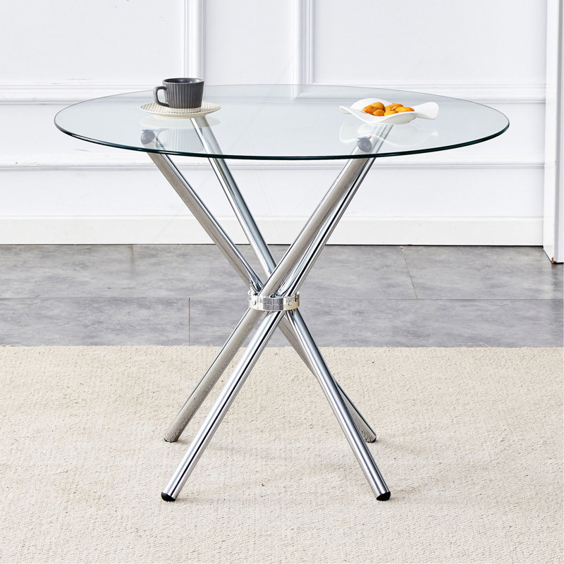 Table de salle à manger ronde en verre transparent avec une forme unique pour 4 à 6 personnes, avec des pieds en métal argenté en forme d'anneau, convenant aux bureaux, aux cuisines, aux terrasses et aux salles à manger.