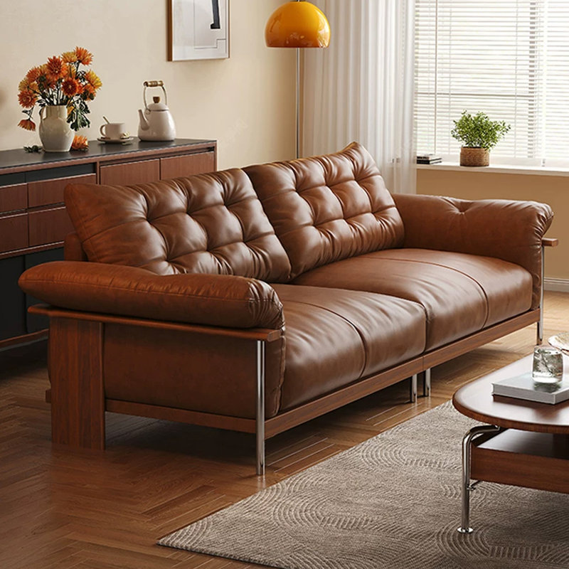 Canapé modulaire en cuir véritable couleur caramel, H 35,43 po x l 110,24 po x P 39,37 po