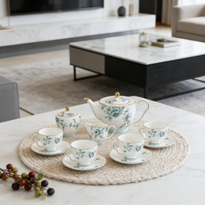 Bone China Tea Set, 21-Piece Porcelain Tea Service With Teapot, Cups And Saucers, Vintage Blue Floral Design With Gold Accents, Elegant Gift Set For Afternoon Tea And Special Occasions