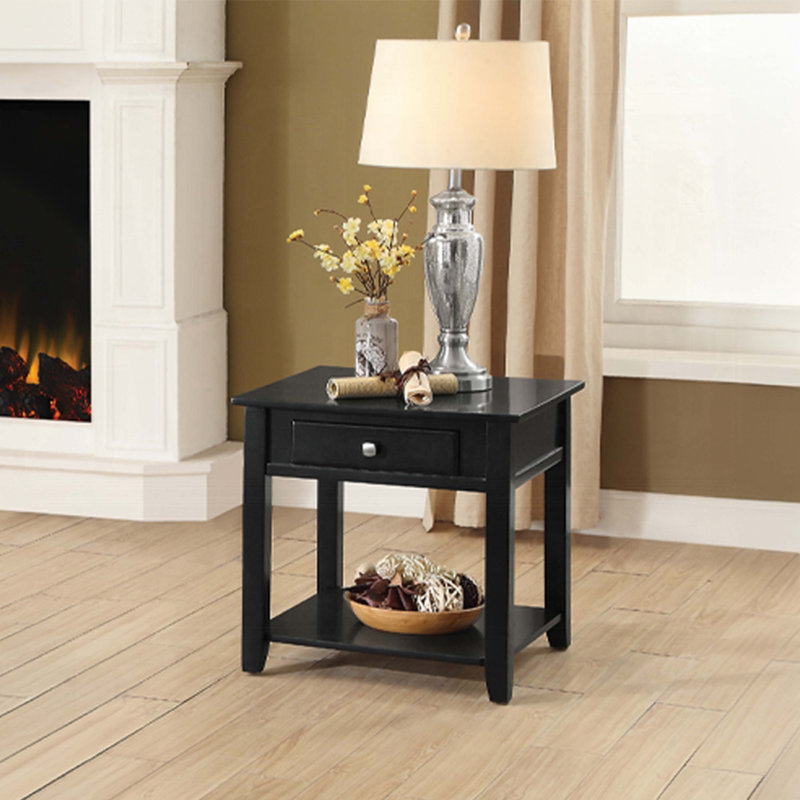 Black Wooden End Table with Drawer and Bottom Shelf
