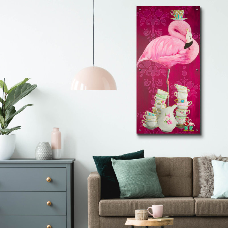Art mural en verre épique «Flamingo China» par Heather Gauthier, 24 po x 48 po, H 48 po x l 24 po