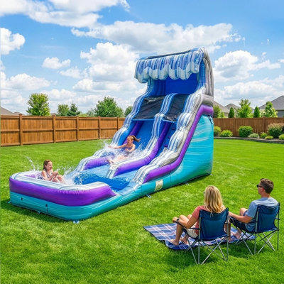 HeroKiddo Ocean Wave 25' Inflatable Water Slide with Attached Splash Pool with Drainage, Ocean-Themed Design for Kids, Includes Blower