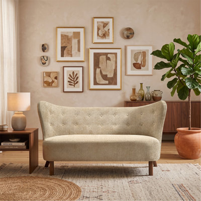 Fauteuil deux places style décontracté 147 cm - Canapé en tissu chenille, canapé décoratif, dossier incurvé sans accoudoirs, avec bouton au dos, idéal pour le salon, le bureau ou la salle de loisirs, couleur camel