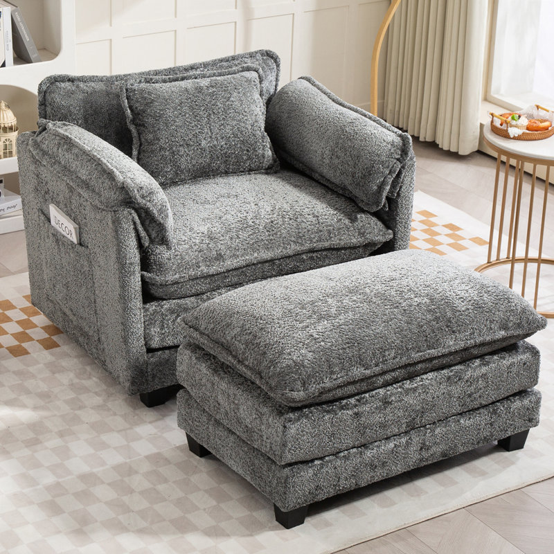Boucle Fabric Club Chair Armchair with Ottoman, Dark Grey