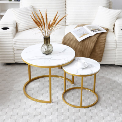 Set 2 Coffee Table Nesting White And Grey Top  Golden Frame Circular Round And Marble Pattern Wooden Tables, Living Room Bedroom Apartment Modern Industrial Simple Nightstand