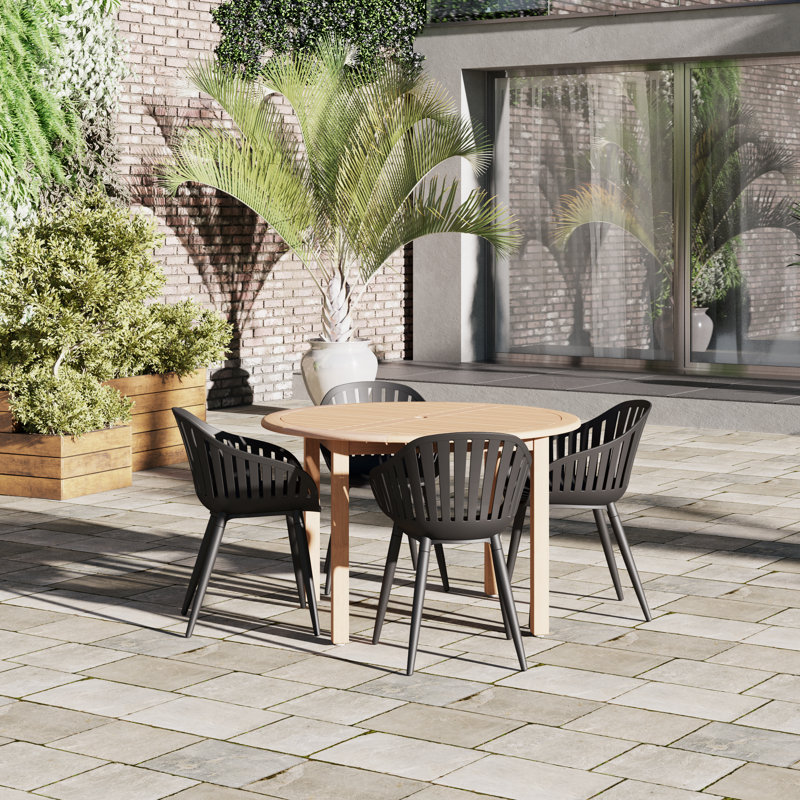 Anautica Round 4 - Person 47'' Teak Finish Outdoor Furniture Dining Set, Black