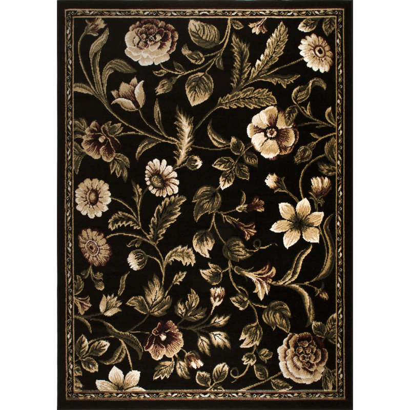 Tapis noir, bourgogne et ivoire à motif floral Gossard, Rectangle 3 pi 7 po x 5 pi 2 po