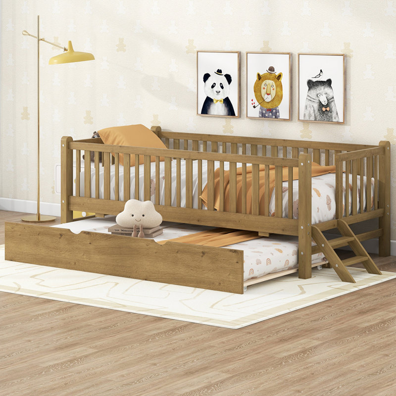 Lit plateforme en bois avec garde-corps et lit gigogne, Walnut
