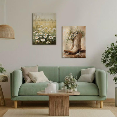2Pcs Daisy Field And Country Boots Canvas Wall Art Vintage Farmhouse Style Artwork Painting Floral Cowboy Boots Poster Print Suitable For Living Room Bedroom Kitchen Home Decor 16 X 24 Inch