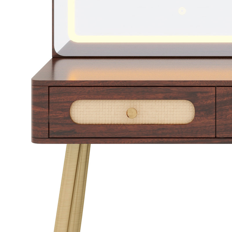 Table de maquillage rétro avec miroir et lumières, avec tiroirs en rotin et luminosité multimode, Naturel