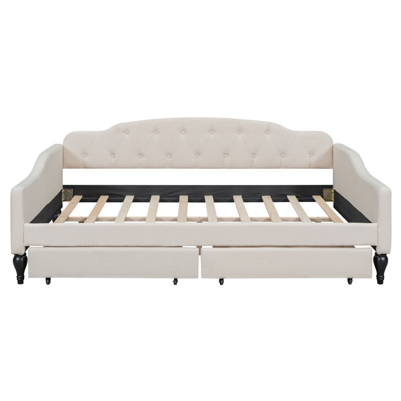 Full Size Upholstered Tufted Daybed with Two Drawers, Beige