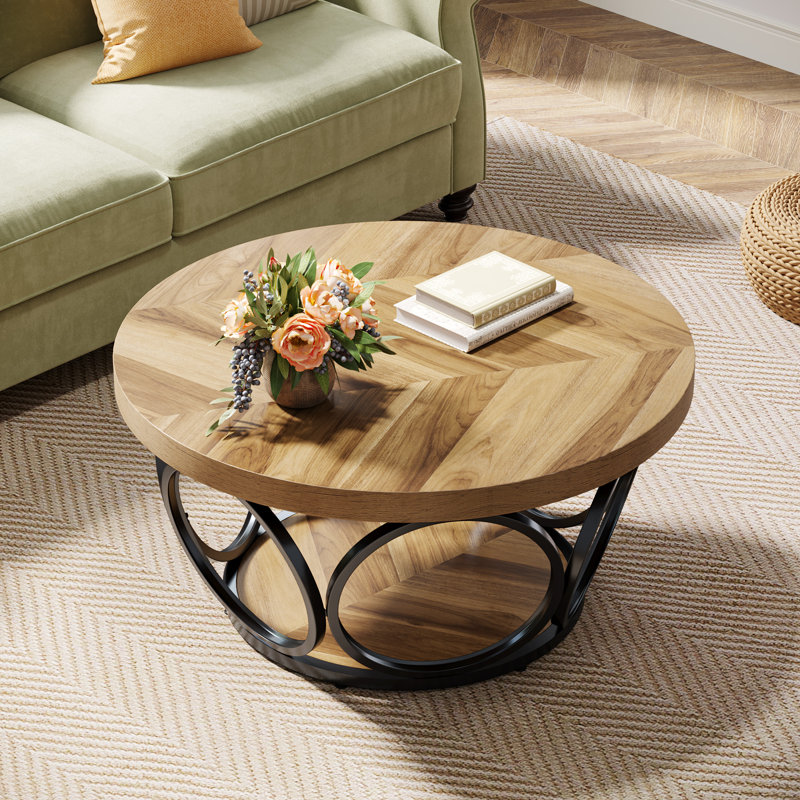 Round Coffee Table,80cm Round Wood Center Table, Farmhouse Large Circle Coffee Tables With 2-tier Storage