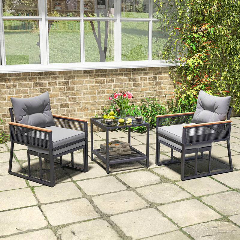 5 Piece Outdoor Conversation Set Rattan Armchairs With 2-Layer Coffee Table