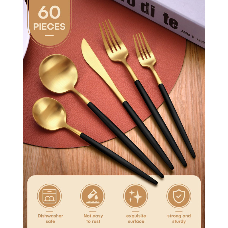 Ensemble de couverts 60 pièces pour 60 couverts, ensemble de couverts en acier inoxydable de qualité alimentaire avec finition mate, conception ergonomique, lavable au lave-vaisselle, ensemble de couverts durable et sans rouille