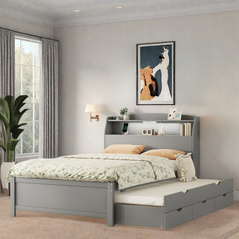 Lit plateforme en bois avec lit gigogne, tête de lit et tiroirs de rangement, Double, Gris