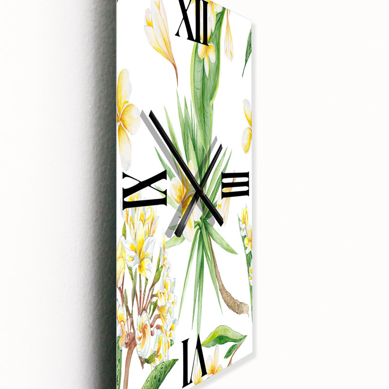 Horloge murale à feuillage tropical et fleurs V, Grand