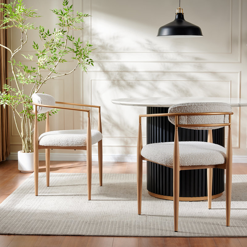 Metal Upholstered Dining Chairs, Beige Boucle, Beige