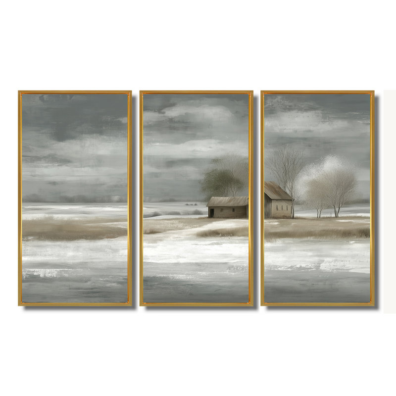 Ensemble de salon blanc et gris en campagne d'hiver, H 32 po x l 48 po, Reproduction avec cadre flottant, Doré