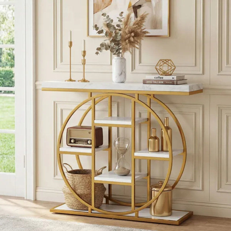 White Marble Effect Industrial 39.4" Console Sofa Table with Multi-Layer Storage Shelves