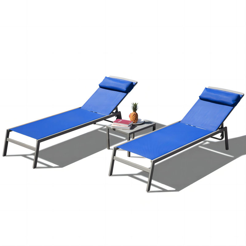 3 Garden Chaise - , Adjustable , Aluminum Frame  Blue Lawn Lounge 2 Chairs + 1 Side Table,