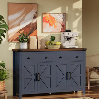 55" Sideboard Buffet Cabinet with Storage, Coffee Bar Cabinet with 2 Drawers and 4 Barn Doors